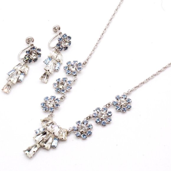Vintage 50's Star-Art Sterling Marked Rhinestones Fancy Bridal Necklace Set - Picture 3 of 8